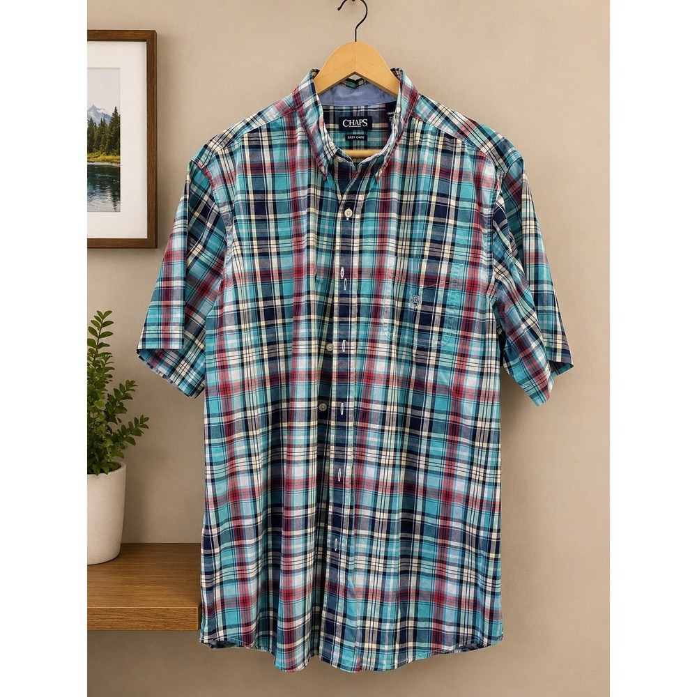 Chaps Easy Care Plaid Button Front Shirt Men's 2XLT Tall Blue Red Green Short...